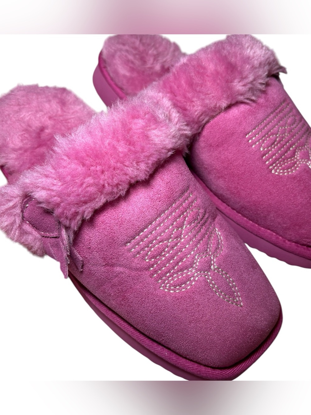 Women’s Pink Faux-Fur Suede Slip-On Slippers